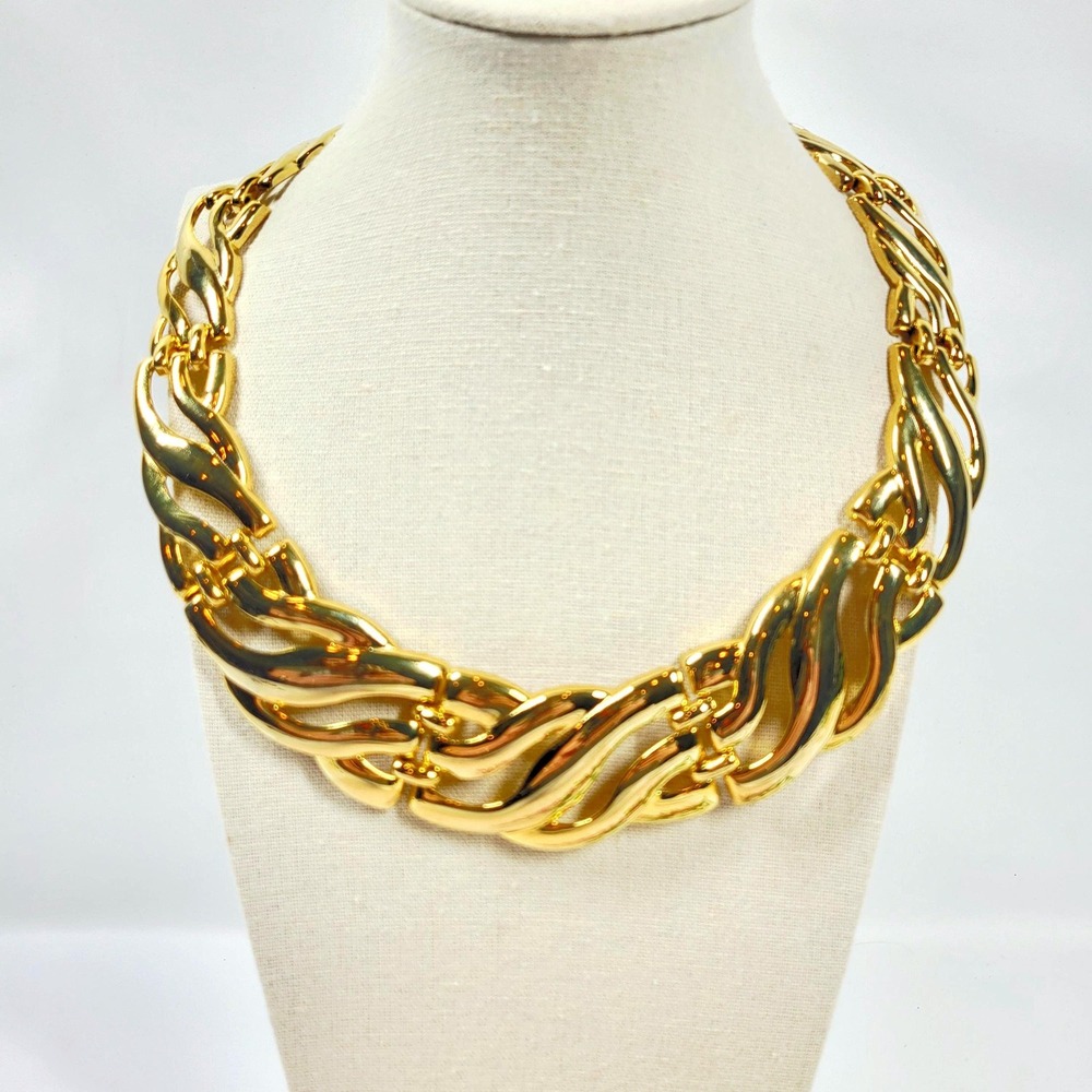 1980s 90s Statement Collar Necklace Chunky Gold Tone Abstract Wave Links